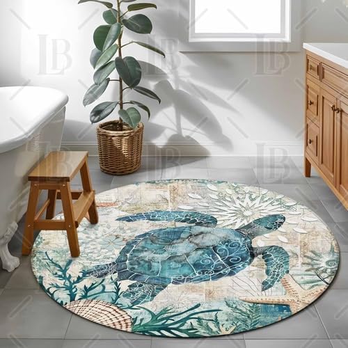 Miniatura 5 de Alfombra redonda de tortuga marina de 4 pies, colección de dibujos animados, alfombra circular (antideslizante), alfombras para niños, sala de
