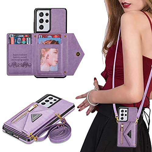 Samsung S21 Plus Crossbody Wallet Case for Women/Girl,Lanyard Card Holder Zipper Phone Purse Case with Strap Pouch Magnetic Galaxy S21 Plus Flip Folio Protective Back Cover Small Phone Bag Purple