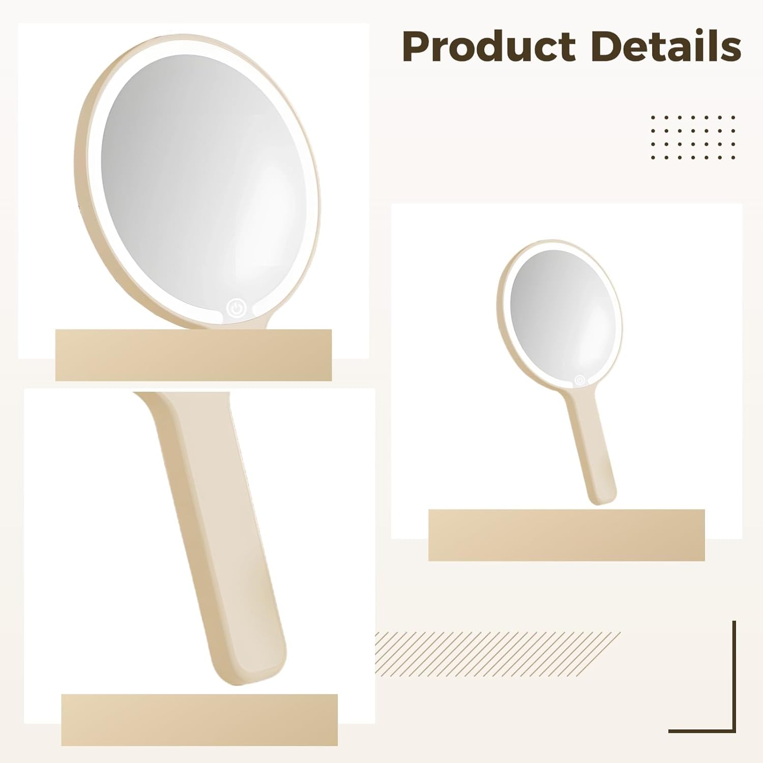 Led Makeup Mirror with Smart Touch Control, 3 Light Modes, Rechargeable, Round Pearl White Design for Dorms, Travel, and Daily Use