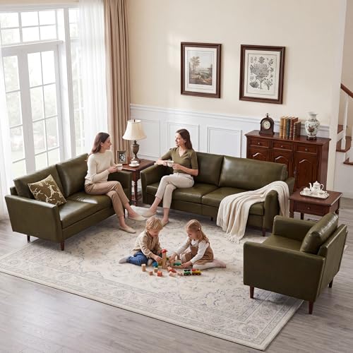 Image of Kingfun 3 Piece Living Room Furniture Sets, 3 Seater Couch, Loveseat and Armchair, Faux Leather Couch Set, Mid Century Modern Sofa Set with Solid Wood Frame for Living Room, Office, Olive Green