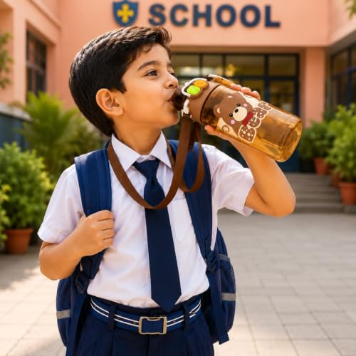 Image of Toy Imagine Cute Bear Water Bottle for Kids(550ml) BPA-Free Leak-Proof Sipper Bottle with Straw, Dual Drinking Lid, Carry Strap & Handle, Cute Cartoon Water Bottle for School, Travel & Outdoor Activities (Brown)