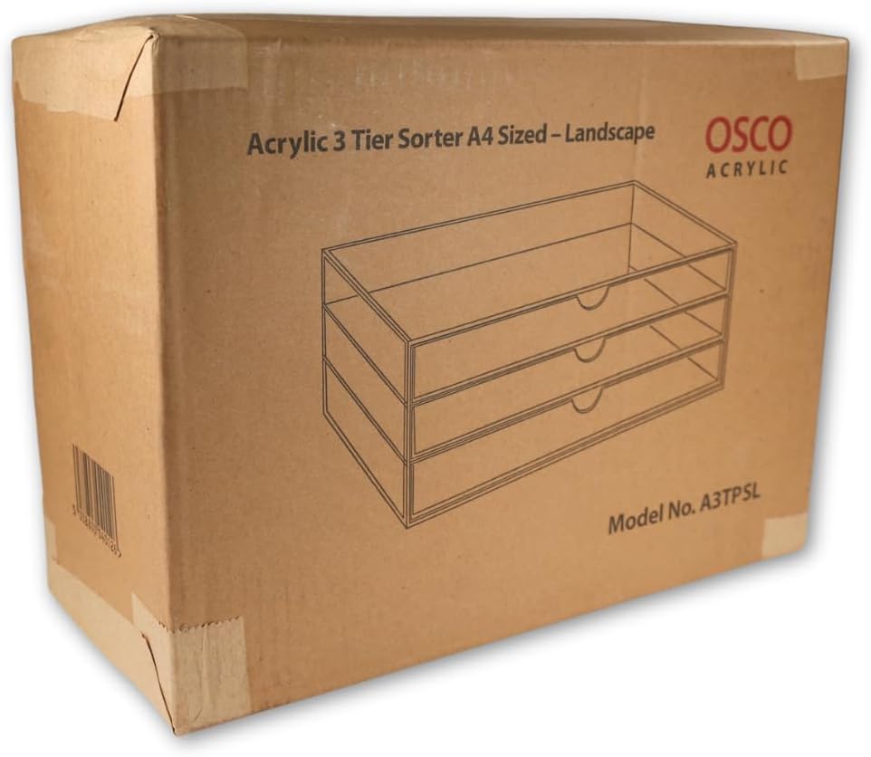 OSCO Landscape Clear Acrylic 3 Tier Paper Sorter, A4 Document Storage, Filing Drawers, Paperwork Organiser, Desk Tidy, Cosmetic Storage, Lego Sorter, Coffee Capsule Pods Holder