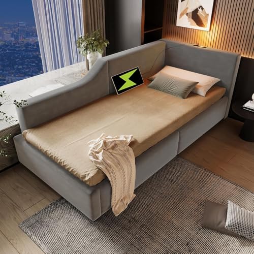 HaoChrymec Cama Tapizada Tipo Sofá 90 x 190 cm con Almacenaje Hidráulico, Luz de Lectura y Puerto USB-C, Cama Juvenil y Infantil con Somier de Madera, Dormitorio y Sala, Gris, Daybed