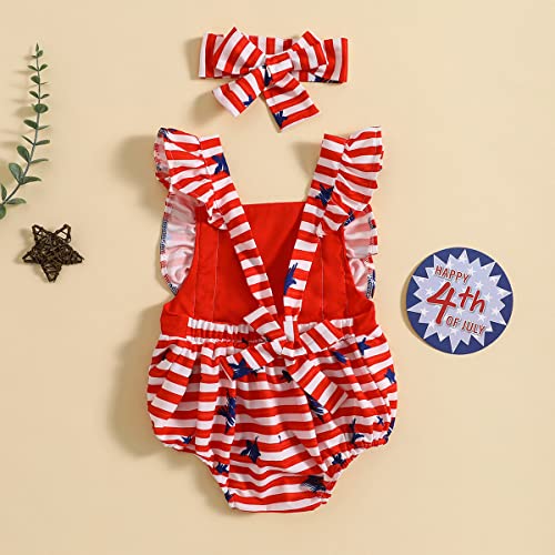 Ritatte 4Th Of July Baby Girl Onesie Romper Stars Stripe One-Pieces Jumpsuits Bodysuit American Flag Playsuit +Headband(Red-Stars,6-12M(80)) #TOP2