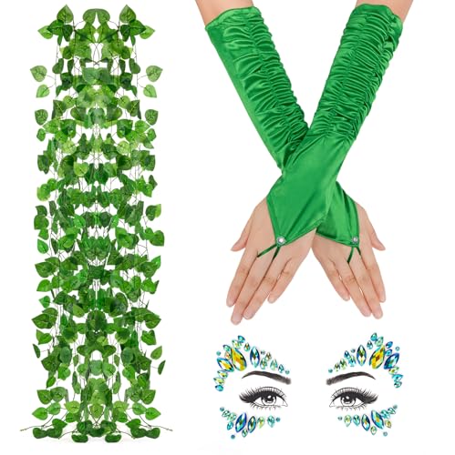 Déguisements Ivy Femme Vert Costume Adulte, Vignes Vertes Artificielles avec Vert Gants Autocollant de visage pour Maquillage Festival Costume Anniversaire Fête Deguisement Halloween Noël Carnaval