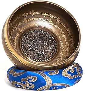Klankschaal uit Nepal – 600 g – 14 cm – 5 metalen – rozenhouten klos met leer – voor meditatie – klanktherapie – let op – handgeschept loktapapier box set -gravure in Nepduitl}
