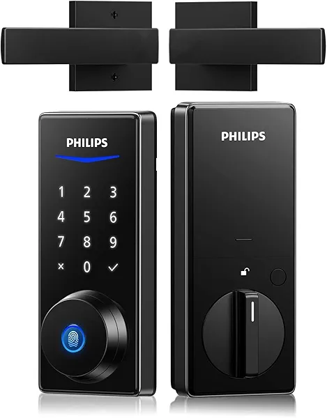Philips Front Door Lock Set, Electronic Fingerprint Lock with 2 Lever Handles, Keyless Entry Door Lock with Handles, Auto Locking, Fingerprint Unlock, Touchscreen Keypad with Key Matte Black