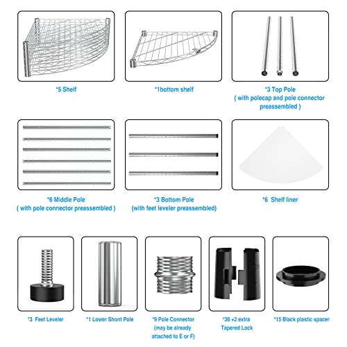 6-Tier Nsf Metal Corner Shelf Wire Shelving Unit - 420Lbs Capacity, Adjustable, With Leveling Feet & Shelf Liners - Ideal For Garage, Kitchen, And More - 18" L X 18" D X 72" H - Fan-Shape - Chrome #TOP4