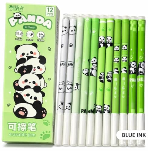 Image of UCRAVO Erasable Gel Pens Pack of 12 | Cute Panda Fine Tip Blue Ink Pens with Eraser | Smooth Writing Retractable Gel Pens for Students, School, Office, Journaling, Notes, Planner & Kids Stationery
