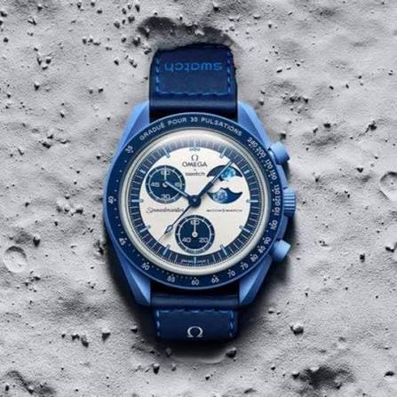 Image of Chronograph Luxury Watch, Blue Case with Navy Strap, White Panda, Sun Moon Phase Dial