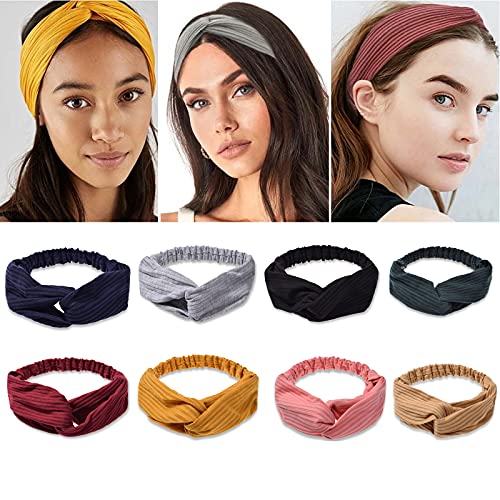 8PCS Headbands for Women Twist Knotted Boho Stretchy Hair Bands for Girls Criss Cross Turban Plain Headwrap Yoga Workout Vintage Hair Accessories, Solid Color，No Slip