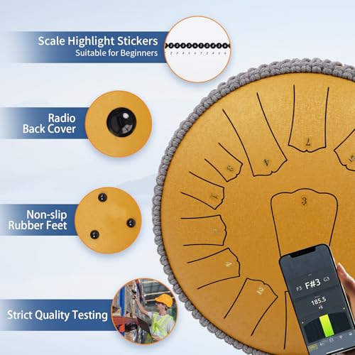 Rain Drum for Outside Garden, 13 Inches 15 Notes Rain Chime Steel Tongue Chakra Drum Gold, Hand Pan Musical Instrument Gift with Bag for Adult Kids, Mallets for Meditation Yoga - Image 6