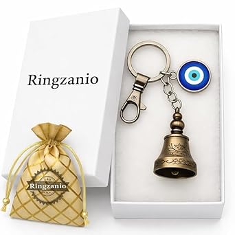 Guardian Bell Keychain for Bike & Car | Tibetan Texture Bell Keychain with Evil Eye & Silver Hook | Good Luck Charm | Guardian Bell Key Chain