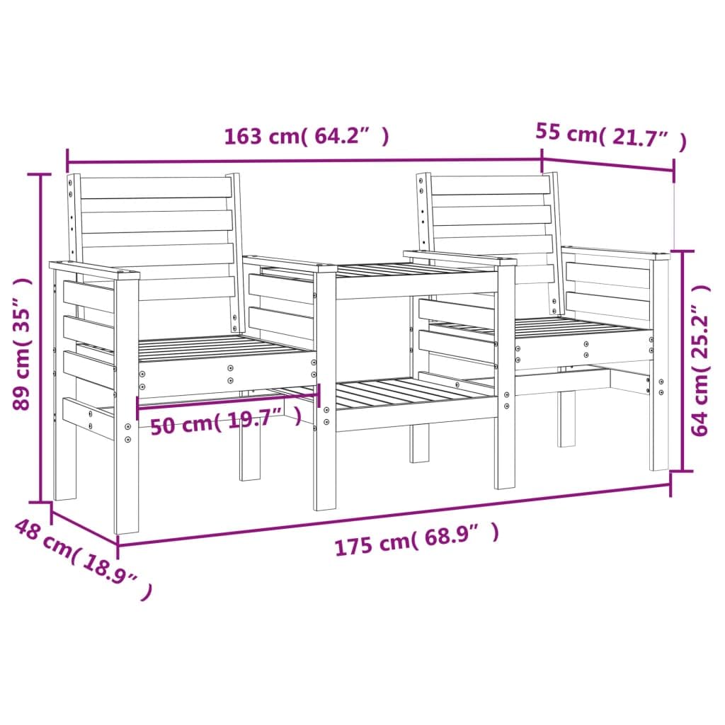 Gartenbank mit 2 Sitzplätzen aus massivem Kiefernholz mit integriertem Tisch, Armlehnen und Rückenlehne für Weinglas, Snacks oder Kaffee, Latten-Design verhindert Wasseransammlung, Kapazität