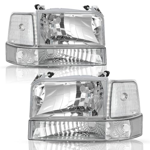 TUSDAR 6PCS Headlight Assembly for 1992-1996 Ford F150 / Bronco 1992-1997 F250 F350 Super Duty Driver and Passenger Side with Bumper Corner Lights Set (Chrome Housing with Clear Reflector)