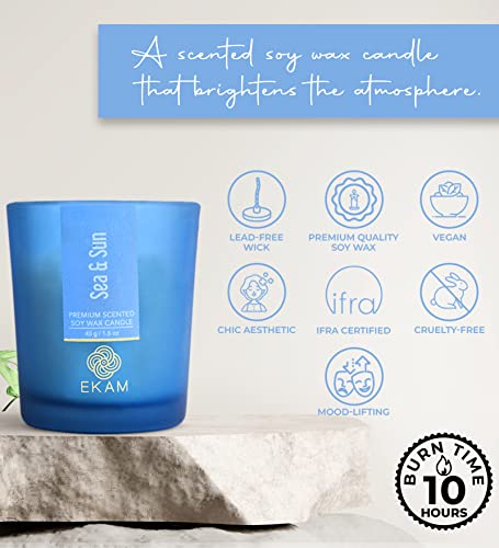 Image of EKAM Sea & Sun Votive Soy Wax Scented Candle, 40 Grams, 10 Hours Burn Time| Long Lasting Premium Candles | Ideal for Home Decor | Gifting & Aromatherapy (Pack of 9)