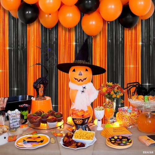 Image of 4 Packs Halloween Foil Fringe Curtain, Orange and Black Metallic Tinsel Backdrop for Birthday, Baby Shower, Bachelorette, Halloween Party Decorations Favors Supplies Indoor Outdoor