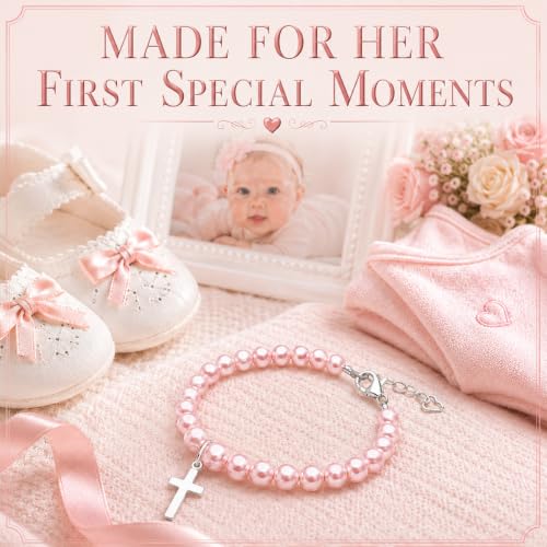 Image of Pink Pearl Bracelet, Sterling Silver Cross Charm Baptism Gifts for Girl