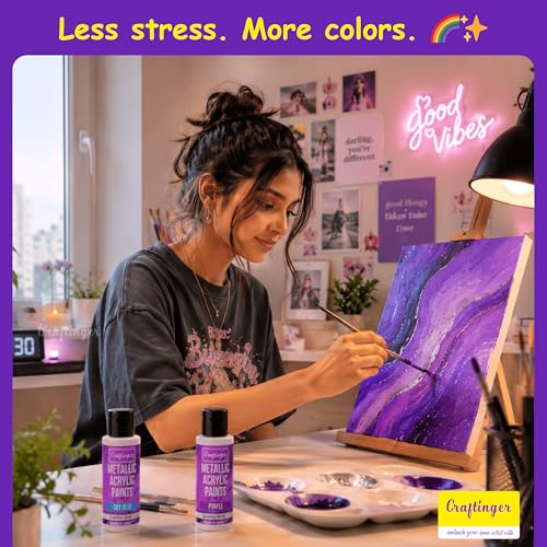 Image of Craftinger 12-Sets Vibrant Metallic Acrylic Shades (30 ml Each) | Rich Shiny Finish | Multi-Surface color for Canvas, Wood, Glass, Metal, Plastic & More | Set for Adults for Artists, students, Children & Hobbyists