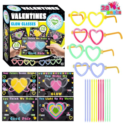 JOYIN 28 Packs Valentines Day Gifts Cards, Valentine's Greeting Cards with Heart Shaped Glasses and Light-up Glow Sticks for Kids Party Favor Classroom Exchange Prize Supplies