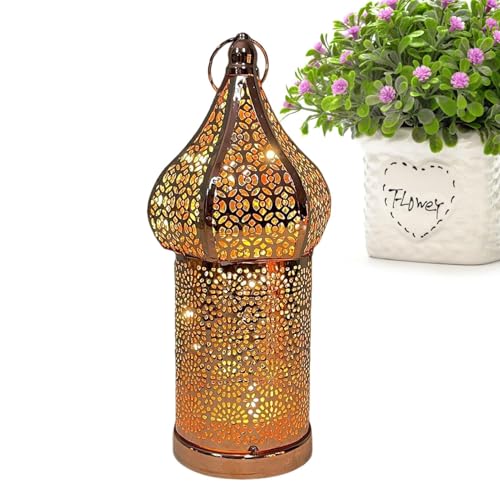 Farol LED marroquí – Linterna hueca de hierro forjado de 10 cm | Lámpara ambiental decorativa alimentada por pilas para el hogar, dormitorio, sala de estar | Elegante adorno atmosférico