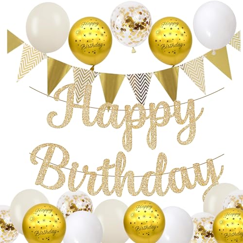 Decoration Anniversaire, Banderole Joyeux Anniversaire Guirlande Happy Birthday Bannière Beige Blanc Or Ballon Confetti Ballons pour Fille Femme Garcon Homme