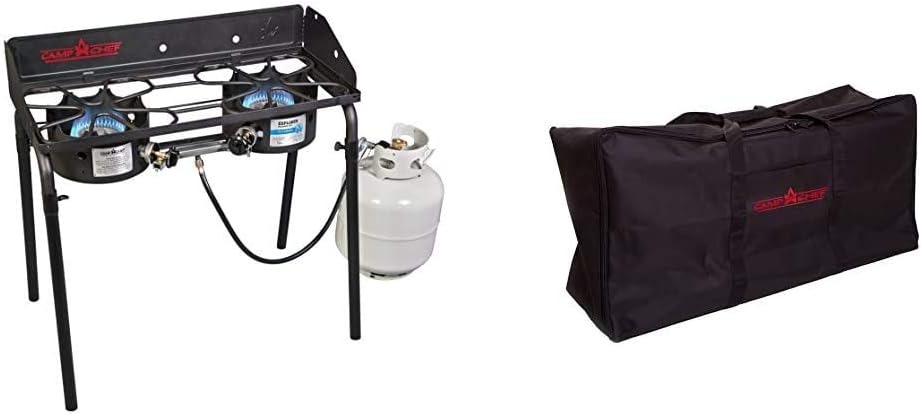 Camp Chef Explorer, Two Burner Stove, Two 30,000 BTU's cast-aluminum burners, Cooking Dimensions: 14 in. x 32 in | Camp Chef Carry Bag for Two-Burner Stoves