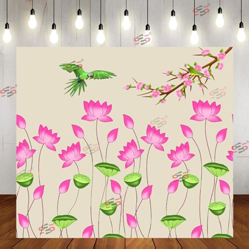 Image of S2S Traditional Lotus Flower Design Backdrop Cloth | for Pooja Decoration Background Curtain Cloth | 5 Feet Height & 5 Feet Width (Lotus Flower with PAROT)