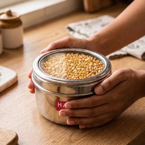 Image of HAZEL See Through Kitchen Storage Container Set 1100ml (Set of 6) | Stainless Steel Dabbas with Transparent Top for Pantry Use
