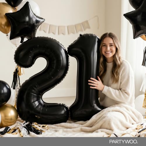 Image of PartyWoo Black Number 21 Balloon 40 Inch 25pcs Black Foil Star White Gold