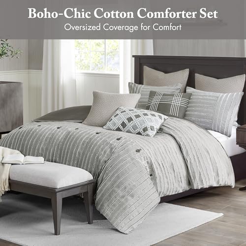 Image of Madison Park Queen Comforter Set, Removable 100% Cotton Duvet Cover Queen Size with Insert, Farmhouse Bedding, Textured Stripe Clipped Jacquard Accent, Queen, Grey 8 Piece