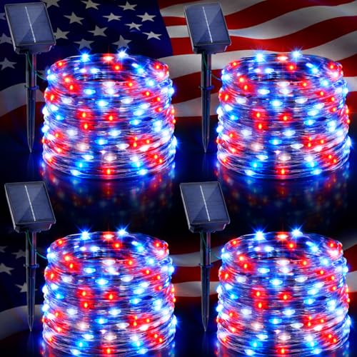 4 Pack Red White and Blue Solar Fairy Lights Outdoor 131ft for 4th of July