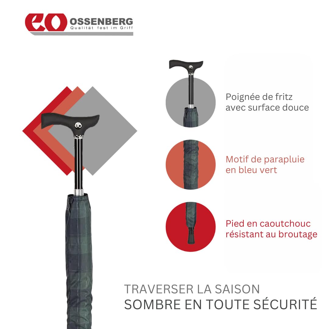 Ossenberg Parapluie Twin avec poignée Fritz - Ø 105cm - 2 en 1 canne & parapluie - canne, aide à la marche, support de marche - réglable en hauteur - bleu/vert - 80-83 cm