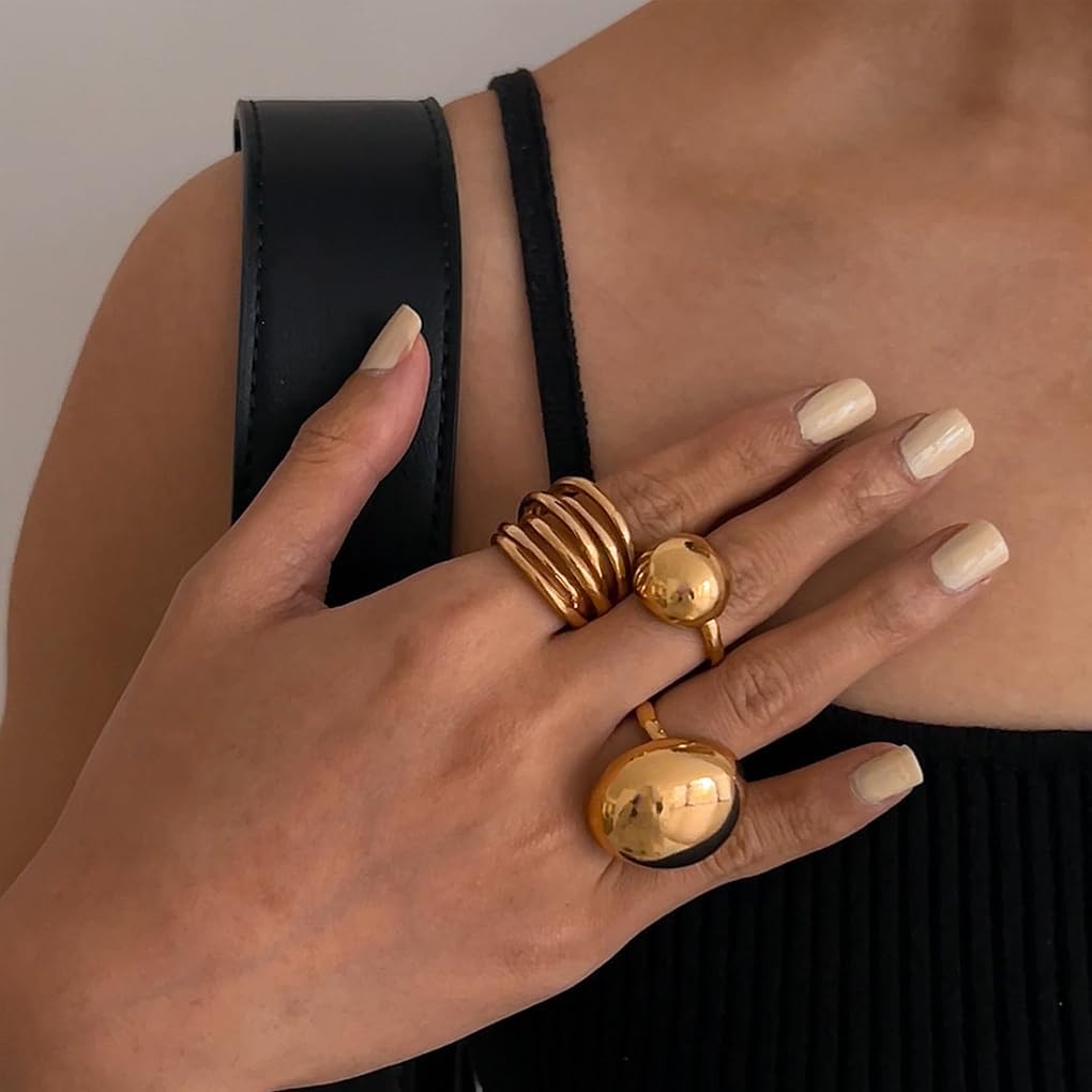 GIGB PBDK 3Pcs Chunky Stacked Gold Dome Knuckle Rings Set for Women,Vintage Geometric Aesthetic Line Statement Finger Rings,Trendy Jewelry Accessories Gifts - Image 4