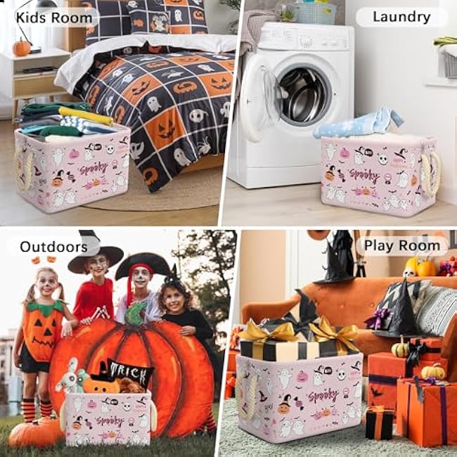 Halloween Ghost Basket Pink Boo Spooky Basket with Handles Foldable Halloween Gifts Storage Bins for Clothes Toys Books (Pink & White, 15x10x10 Inch)