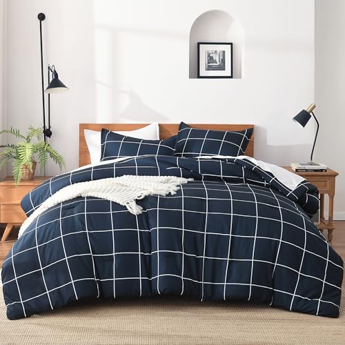 Image of Andency Navy Plaid Comforter Twin(66x90Inch), Dark Blue Grid Gingham Buffalo Plaid Bed Set for Boys Kids Teens, 2 Pieces Lightweight Polyester Geometric Preppy Bedding