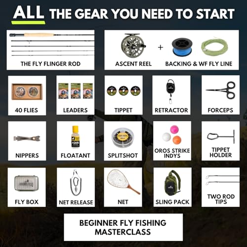 Image of Ventures Fly Co. | Starter Packages | 23 Fly Fishing Accessories Complete Gear Combo | Perfect Beginner Kit | Includes Rod, Reel, Line, Flies, Leader, Tippet, Forceps, Nipper, Floatant & Net