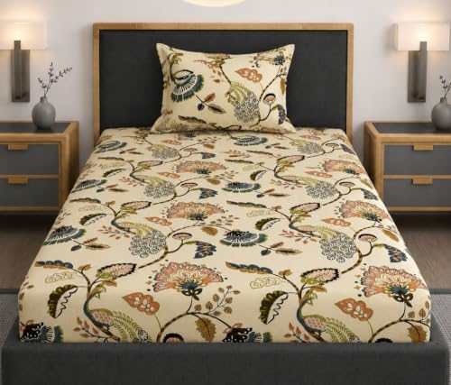 Image of Vaini Premium Heavy Cotton Elastic Fitted Bedsheets with 1 King Size Pillow Covers || Single Bed with All Around Elastic 350 TC || 36 x 78 x 6 Inch Single Size Fitted || :- Jaipuri Peacock