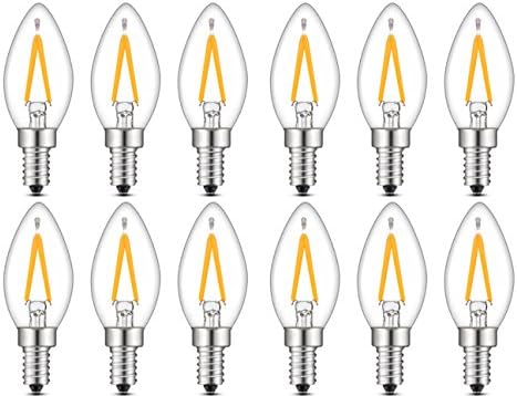 12PACK LED Filament Bulb Candelabra C7 2W LED Filament Candle Bulb, E12 Base, Warm White 2700K, LED Mini Bulb Night Light 20W Equivalent, 110-120VAC (12 Pack, 2 Watt)