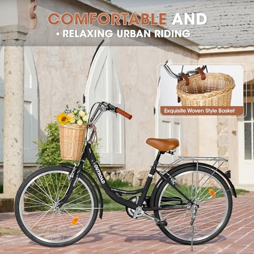 Outroad Beach Cruiser Bike, 24/26 inch Commuter Bicycle for Adult and Women,High-Carbon Steel Comfortable City Bikes with Rear Rack and Basket, (Black/Pink/White/Green/Purple) - Image 6