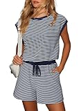 Dokotoo Womens Summer One Piece Jumpsuit Casual Loose Romper Sleeveless Crewneck Jumpsuit Blue Striped Rompers Tank Shorts Overalls with Pockets Medium