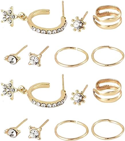 Missgrace 7 Pair Multiple Piercings Cute Big Hoop Elegant Rhinestones Earrings Set Vintage Star Earring Set Bohemian Earrings Stud Earrings Gold Punk Chain Earrings Set for Women and Girls (Style 3)