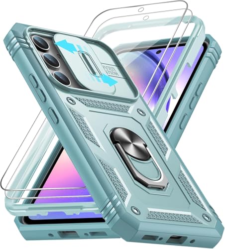 LeYi Funda para Samsung Galaxy A54 5G con [2 Unidades] Cristal Vidrio Templado, Carcasa Cubierta de cámara Deslizante Proteger 360 Full Protección Anillo Soporte Bumper Case,Verde