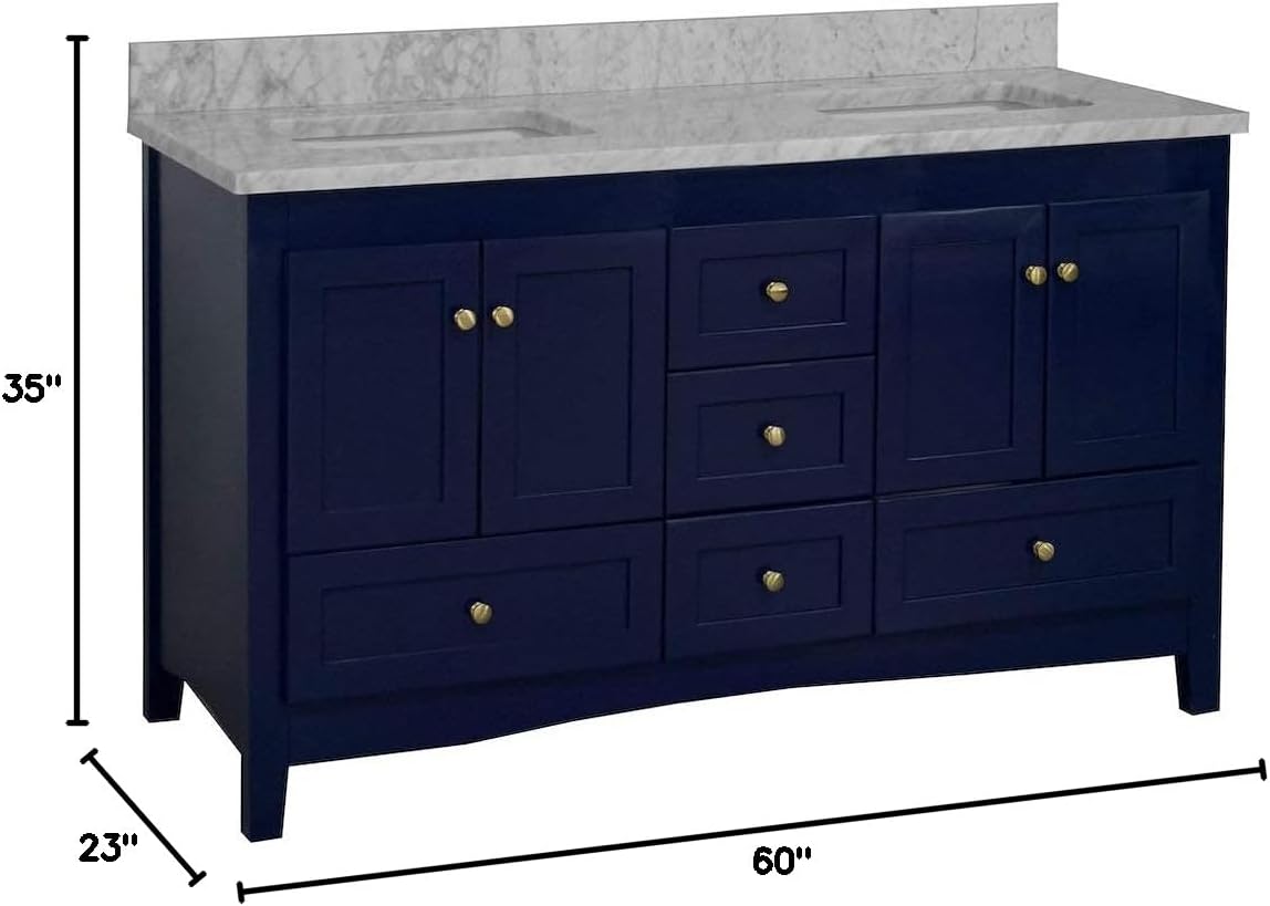 Kitchen Bath Collection Abbey 60-inch Double Bathroom Vanity (Carrara/Royal Blue): Includes Royal Blue Cabinet with Authentic Italian Carrara Marble Countertop and White Ceramic Sinks