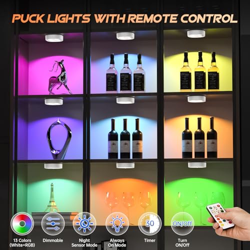 Image of 3PCS Motion Sensor Step Light, Rechargeable Puck Lights with Remote, Under Cabinet Lights with 3 Colors&RGB, Magnet Stick on Light for Closet, Hallway, Stairway, Bathroom, Bedroom, Kitchen