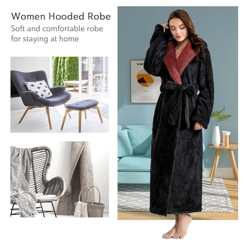 Image of Hellomamma Long Hooded Robe for Women Luxurious Flannel Fleece Full Length Bathrobe Winter Warm Pajamas Shower Nightgown