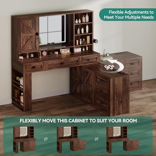 DWVO L Makeup Vanity Desk with Mirror and Lights, Farmhouse Big Lighted Vanity Table Set with 6 Drawers and Cabinet Shelves, 360° Rotation Large Dressing Table for Bedroom, Brown