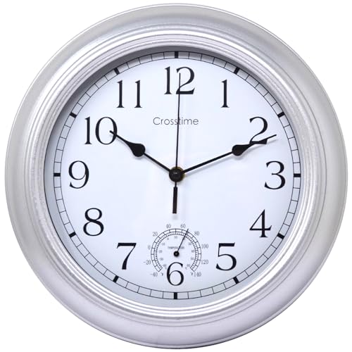 12 Outdoor Silver Clock with Thermometer - Waterproof, Retro Vintage Design Wall Clocks, Battery Operated, With Slient Quartz Movement | For Indoor, Garden Patio Pool Bathroom Decor - 30cm / 12 Inch