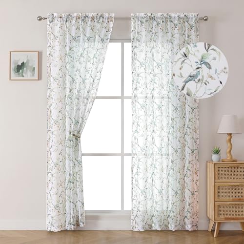 OWENIE Crushed Sheer Curtains 84 Inches Long 2 Panels Set, Sheer Floral Curtains with Printed Birds Leaves for Living Room Bedroom, Rod Pocket Light Filtering Summer Sheers (2 Panels, 42" x 84")