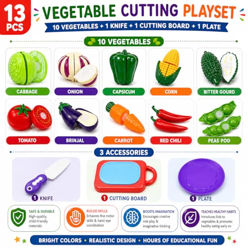 Image of PLUSPOINT Vegetable Cutting Toy Set for Kids, Pretend Play Kitchen Toys with Slicing Veggies, Toddler Learning Toys, Educational Play Food Set with Knife & Cutting Board, Gift for Boys Girls